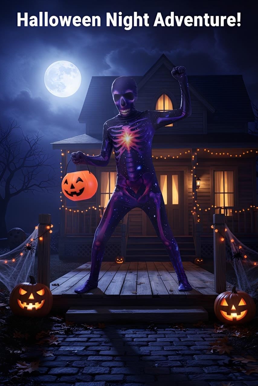 Girls Boys Galaxy Glow Skeleton Halloween Costume Cosmic Jumpsuit Mask 3-14 Yr