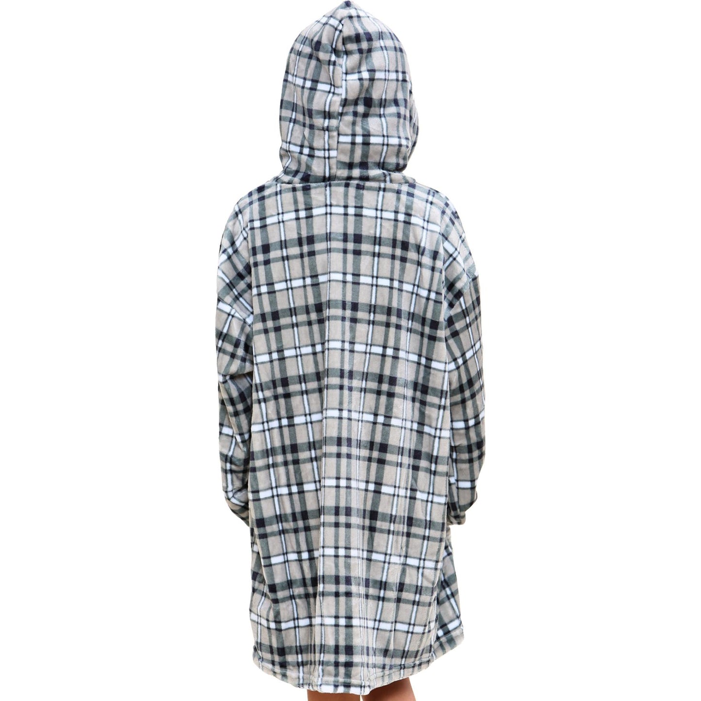 Kids Girls Boys Oversized Hoodie Blue Tartan Printed Snuggle Soft Fleece Blanket