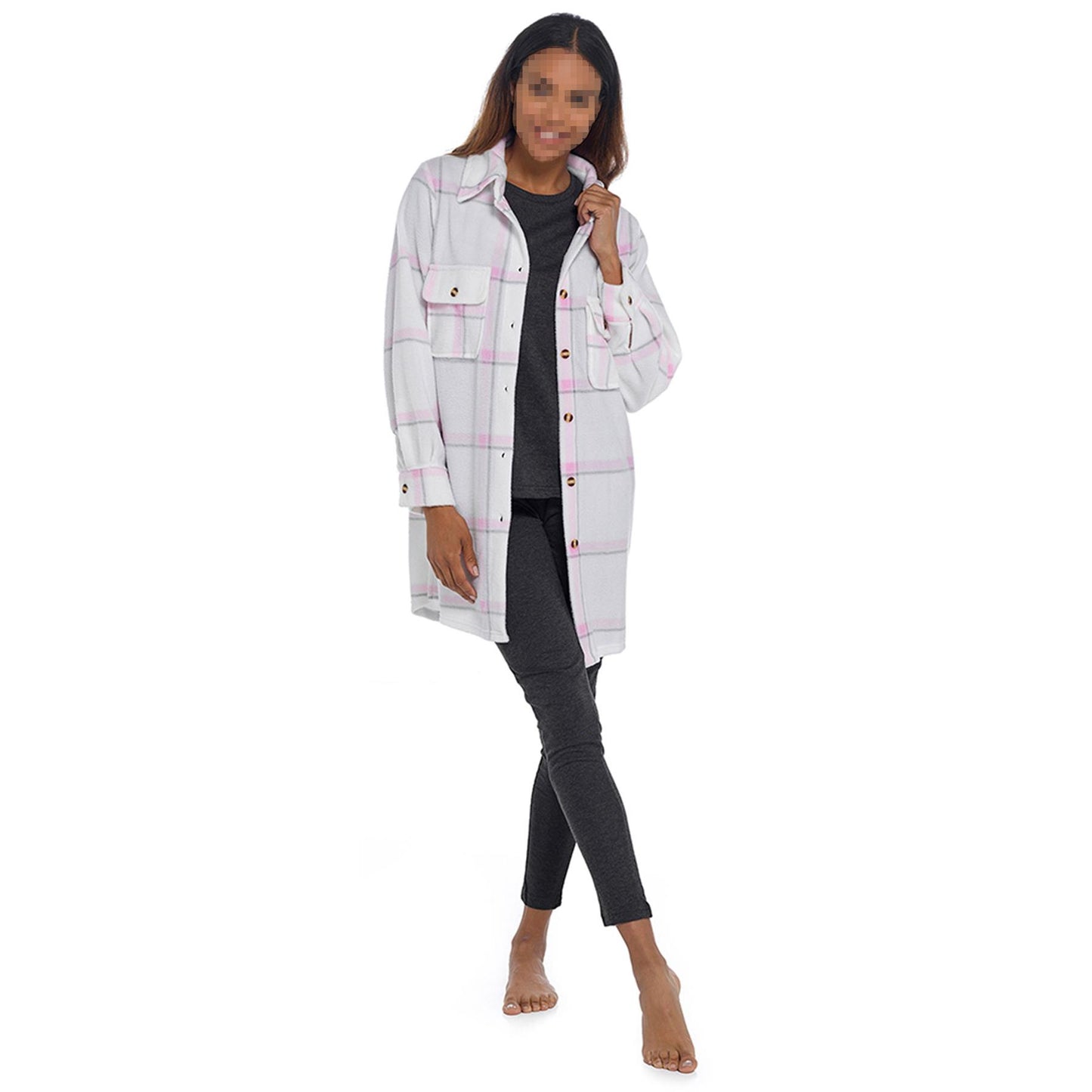 Ladies Fleece Check Shacket Oversized Shirt Jacket with Pockets Warm Winter Coat