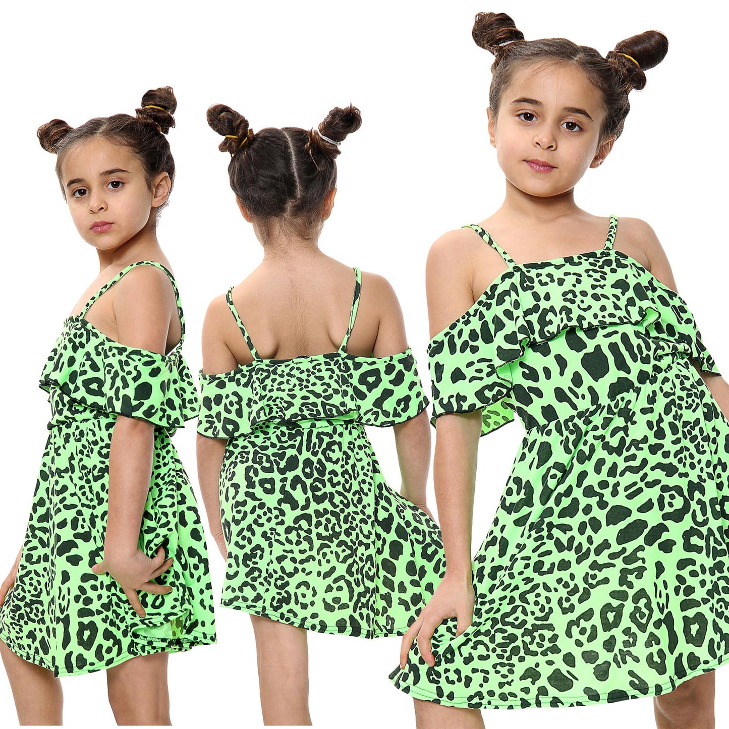 Kids Girls Skater Dress Leopard Print Summer Party Off Shoulder Dress 5-13 Years