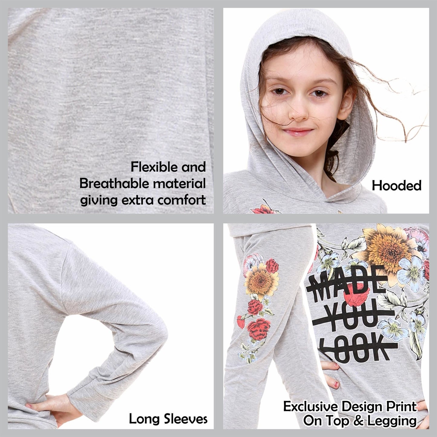 Girls Top Kids Made You Look Print Long Sleeves Hooded Top & Legging Set 5-13 Yr