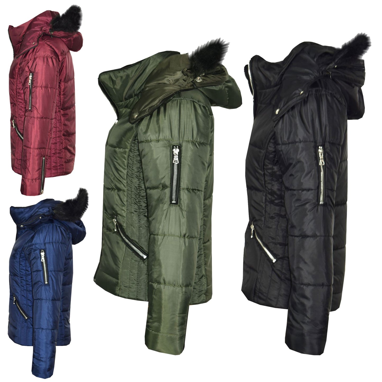Girls Puffer Jacket Quilted Winter Coat Faux Fur Hood Warm Padded Zipped Coat