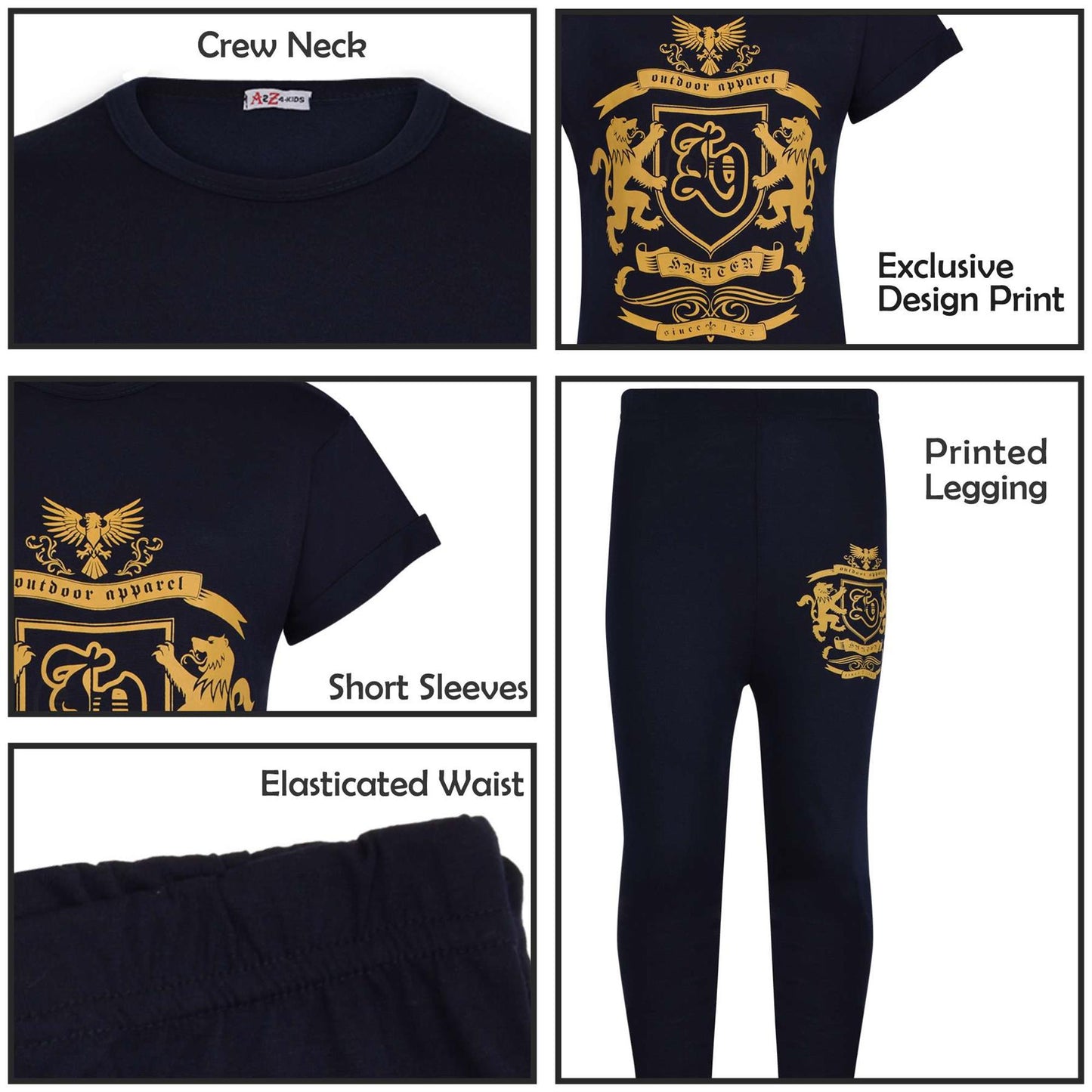 Girls Top Kids Short sleeves Varsity Lion Print T Shirt & Legging Outfit Set