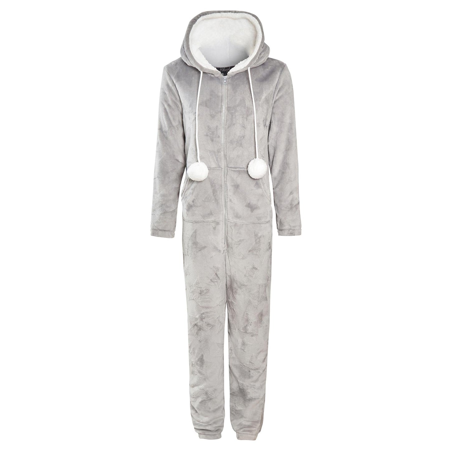 A2Z Ladies Pink & Grey Star Embossed Fleece Onesie with Hood Zip Up Lounge Suit