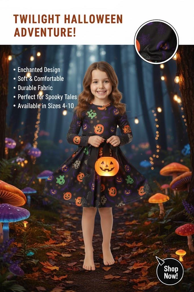 Girls Halloween Swing Dress Ghost Pumpkin Bat Spooky Parties Costume 5-13 Yrs
