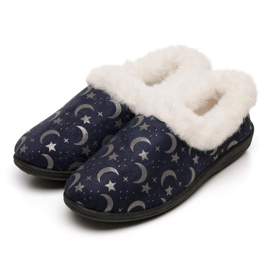 A2Z Ladies Full Slippers Navy Moon & Stars Print Warm Indoor Rubber Sole Slipper