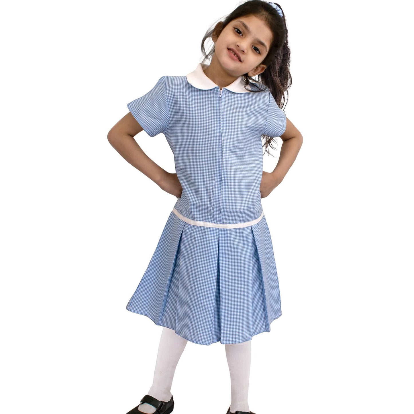 Kids Girls Gingham School Dress Zip Up Check Dresses With Matching Scrunchies