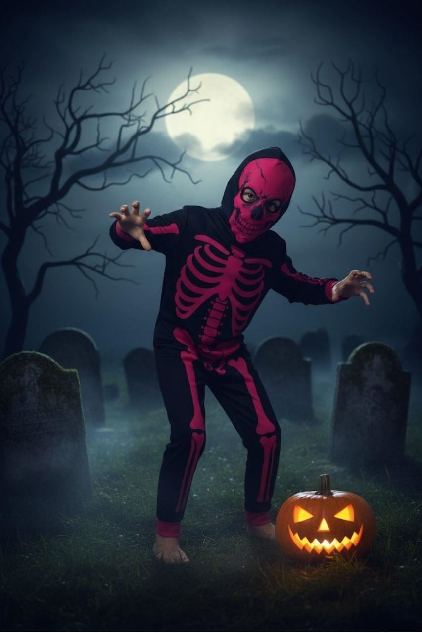 Kids Girls Boys Skeleton Print Pyjama Onesie Neon Pink All In One Halloween Costume