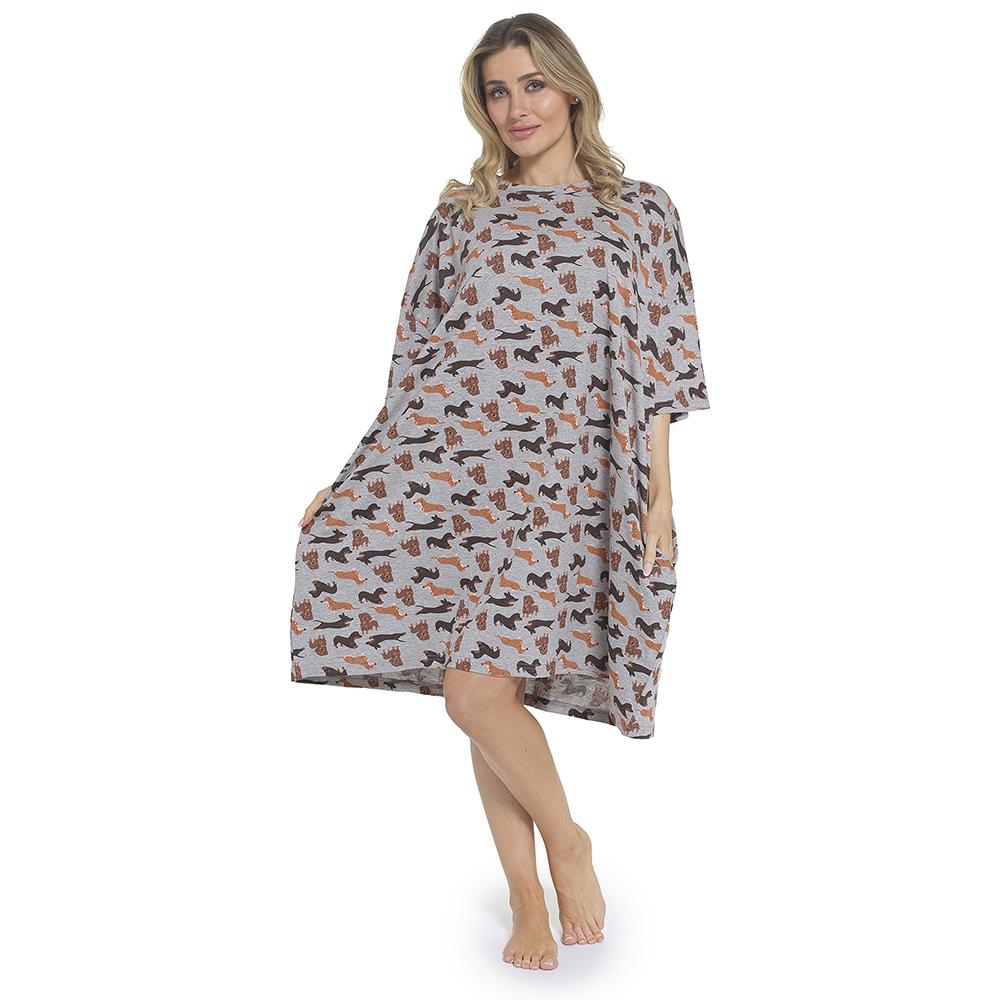 A2Z Ladies Sausage Dog Nightie Grey Soft Cotton Jersey Oversized Sleep Dress