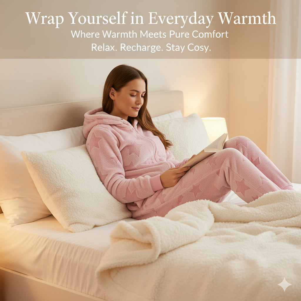 A2Z Ladies Pink & Grey Star Embossed Fleece Onesie with Hood Zip Up Lounge Suit