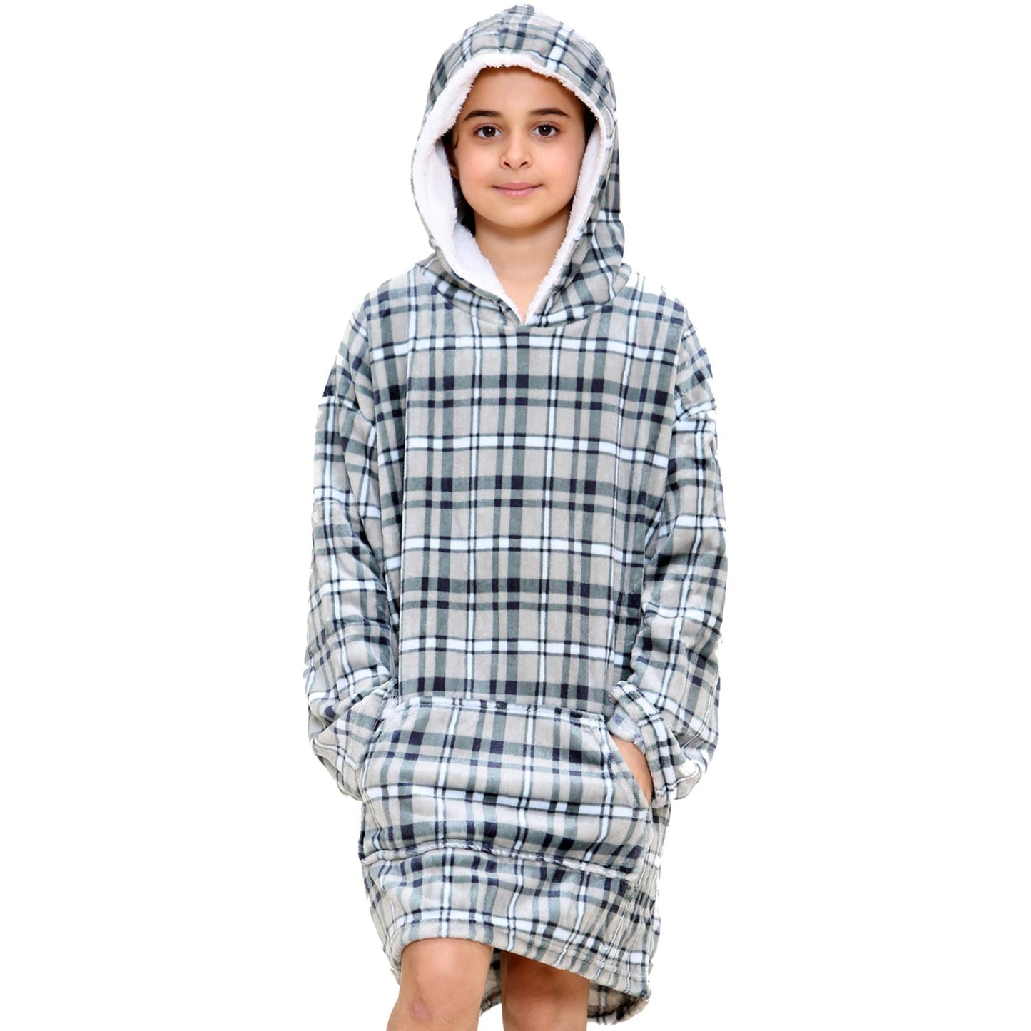 Kids Girls Boys Oversized Hoodie Blue Tartan Printed Snuggle Soft Fleece Blanket