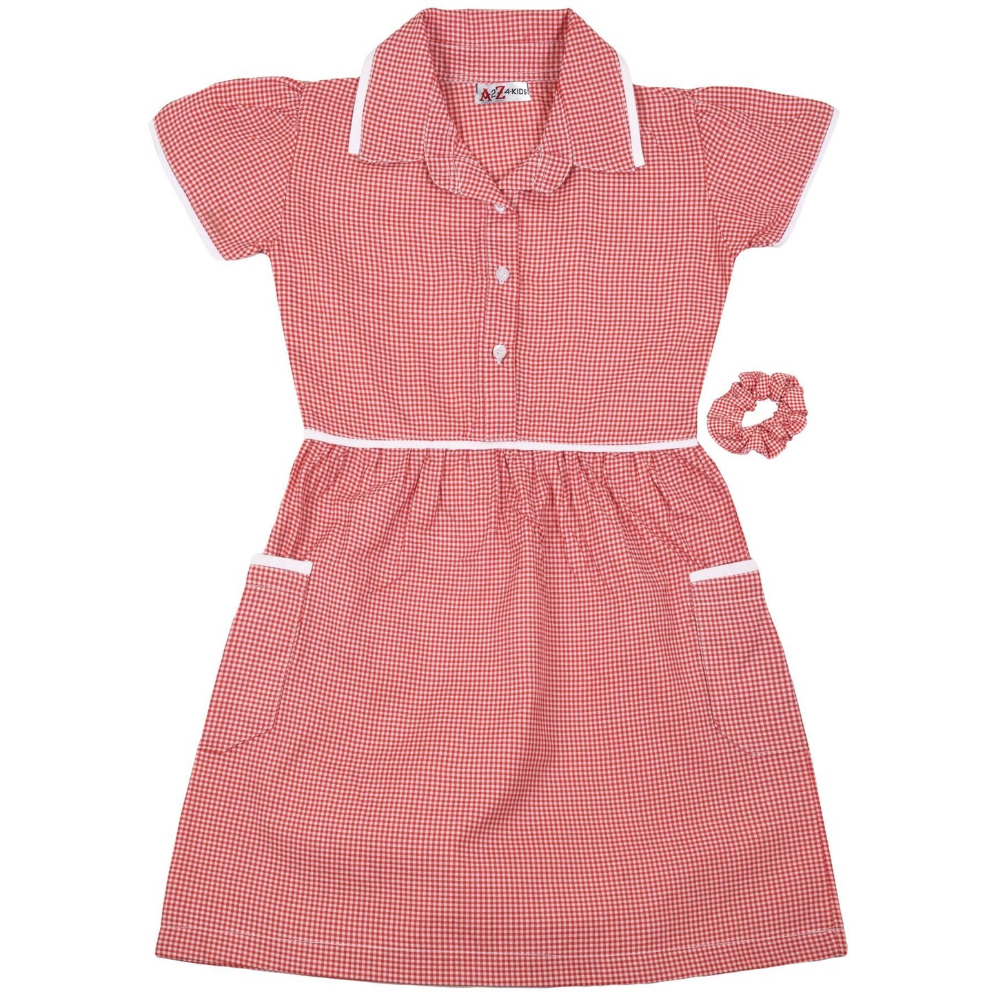 Kids Girls Gingham School Dress Check Dresses With Matching Scrunchies 2-14