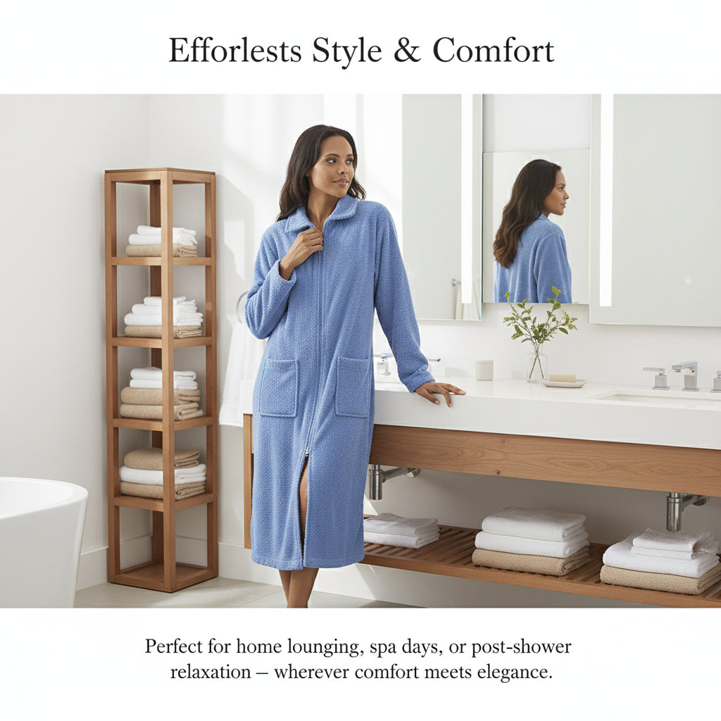 Ladies Towelling Bathrobe Front Zip Dressing Gown Long Sleeves & Deep Pockets
