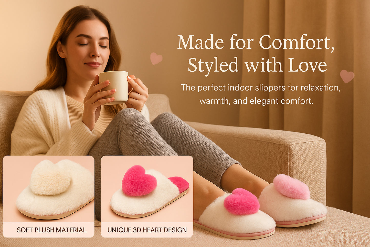 A2Z Ladies 3D Heart Mule Slippers Soft Plush Faux Fur Indoor Slip On House Shoes