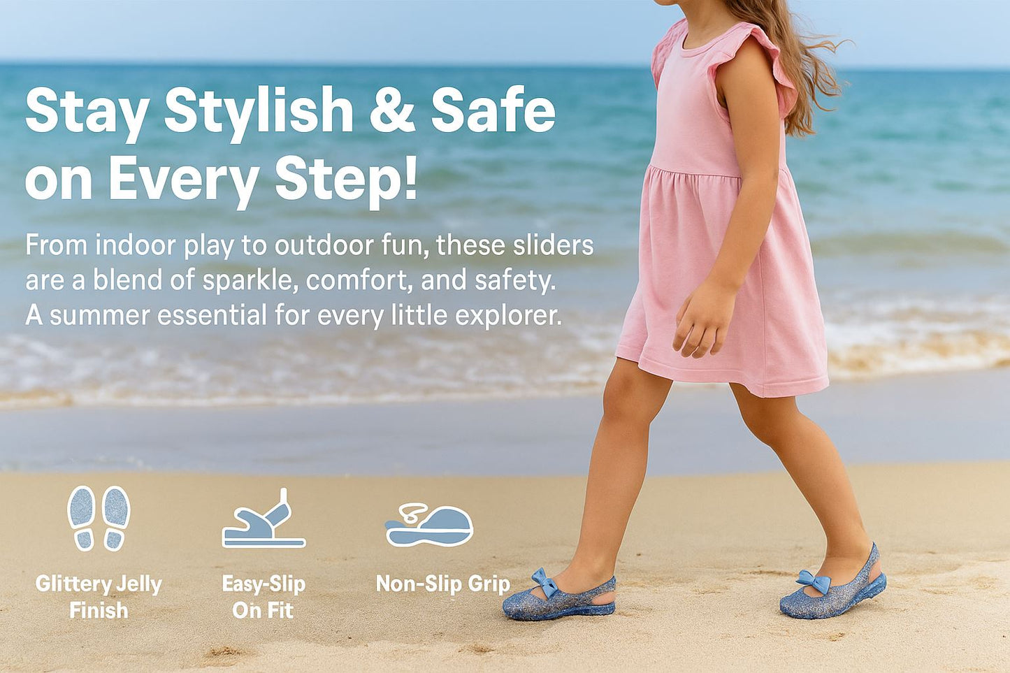 A2Z 4 Kids Girls Glitter Sliders PVC Soft Jelly Slip-On Bow Shoes Summer Holiday