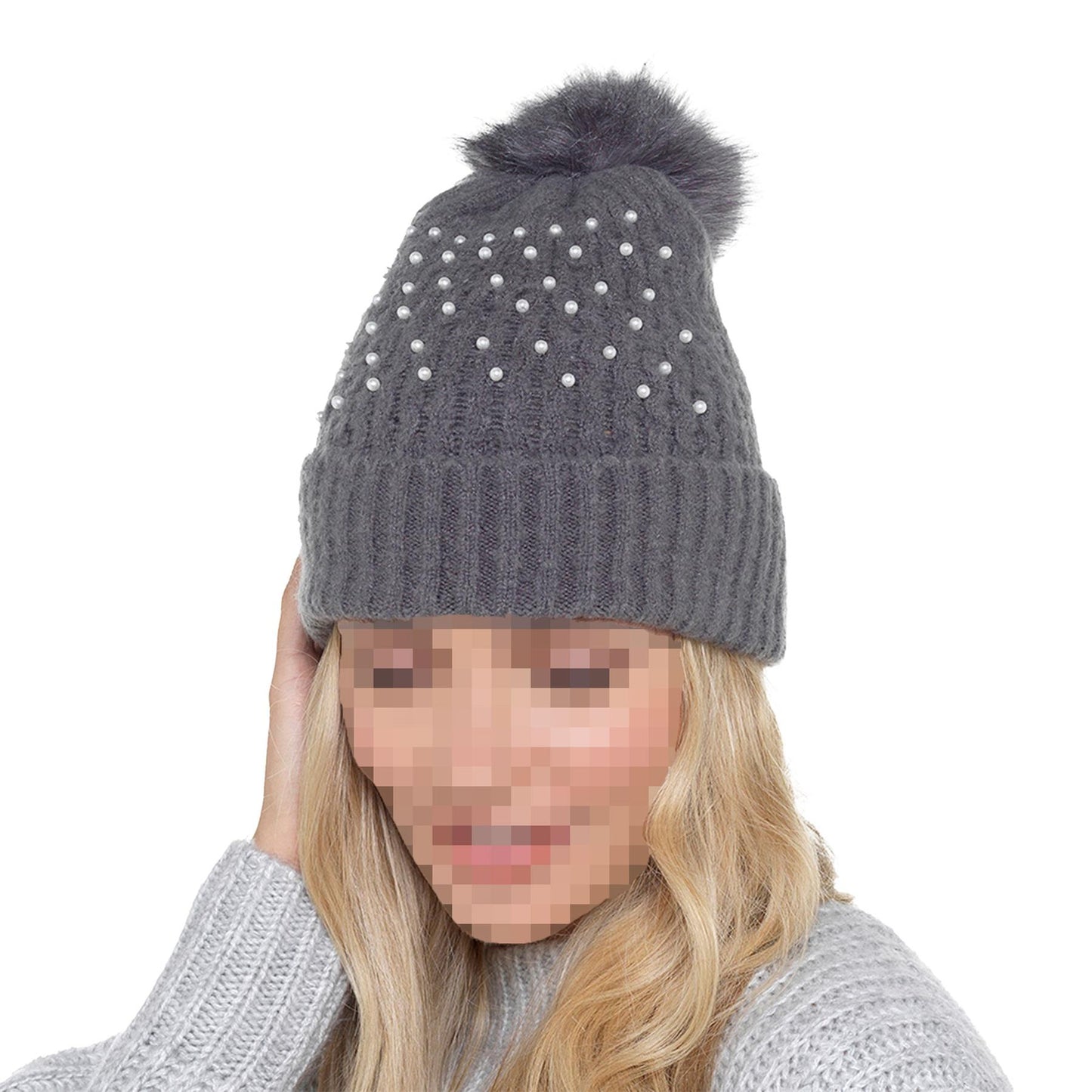 A2Z Ladies Hat Ribbed Pearls Knit Bobble Pom Pom Stylish Winter Warm Cozy Hats