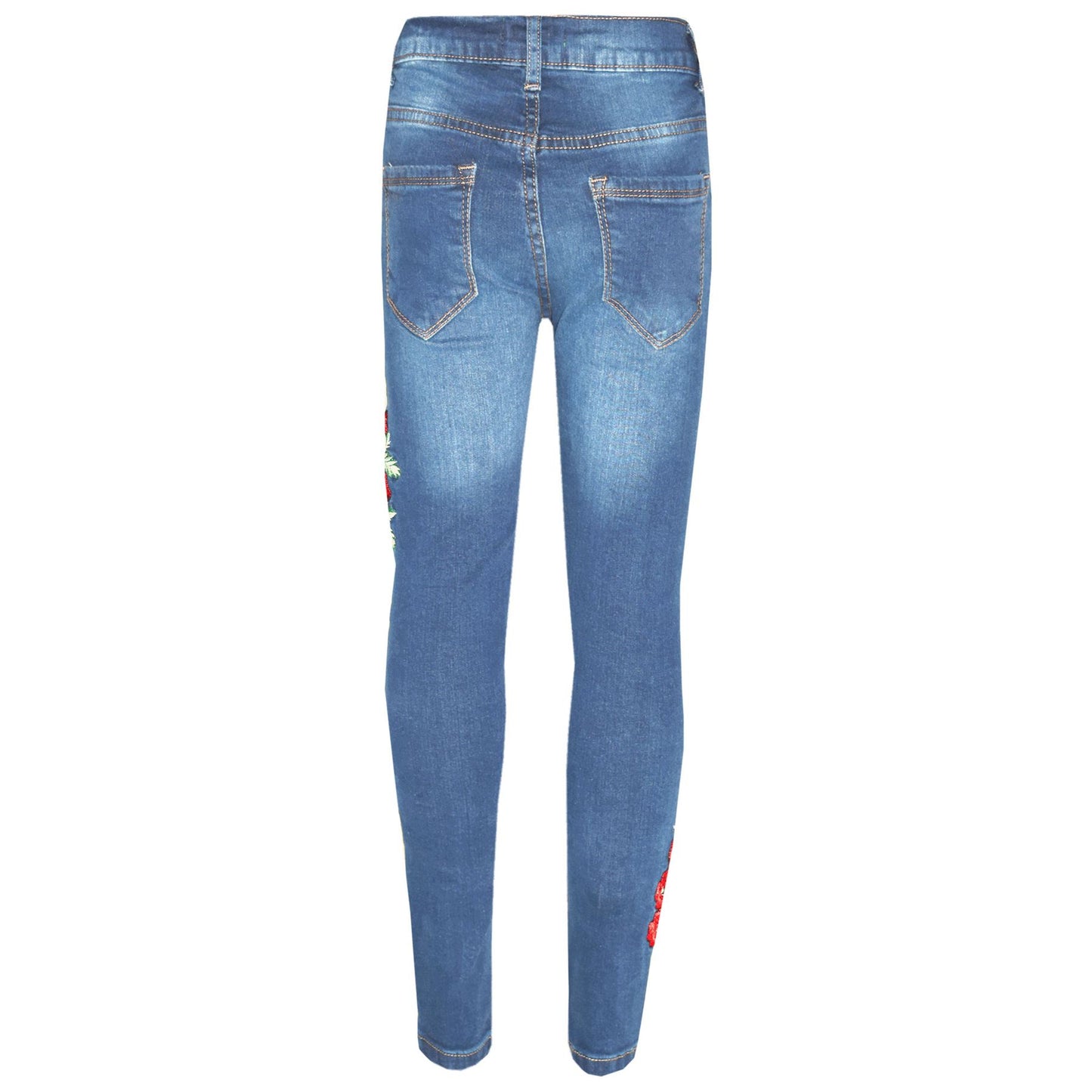 Girls Stretchy Jeans Kids Roses Print Denim Pants Trousers Jeggings 5-13 Years