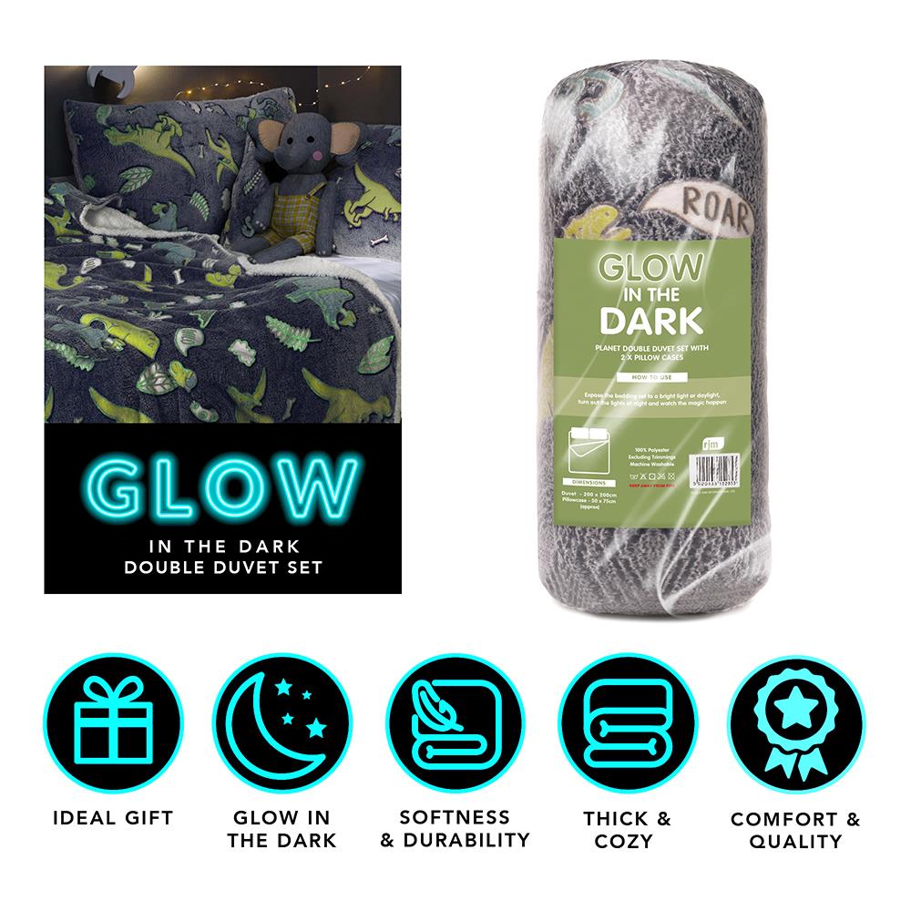 Double Duvet Cover Set Glow In The Dark Dinosaur Super Soft Warm Two Pillow Case