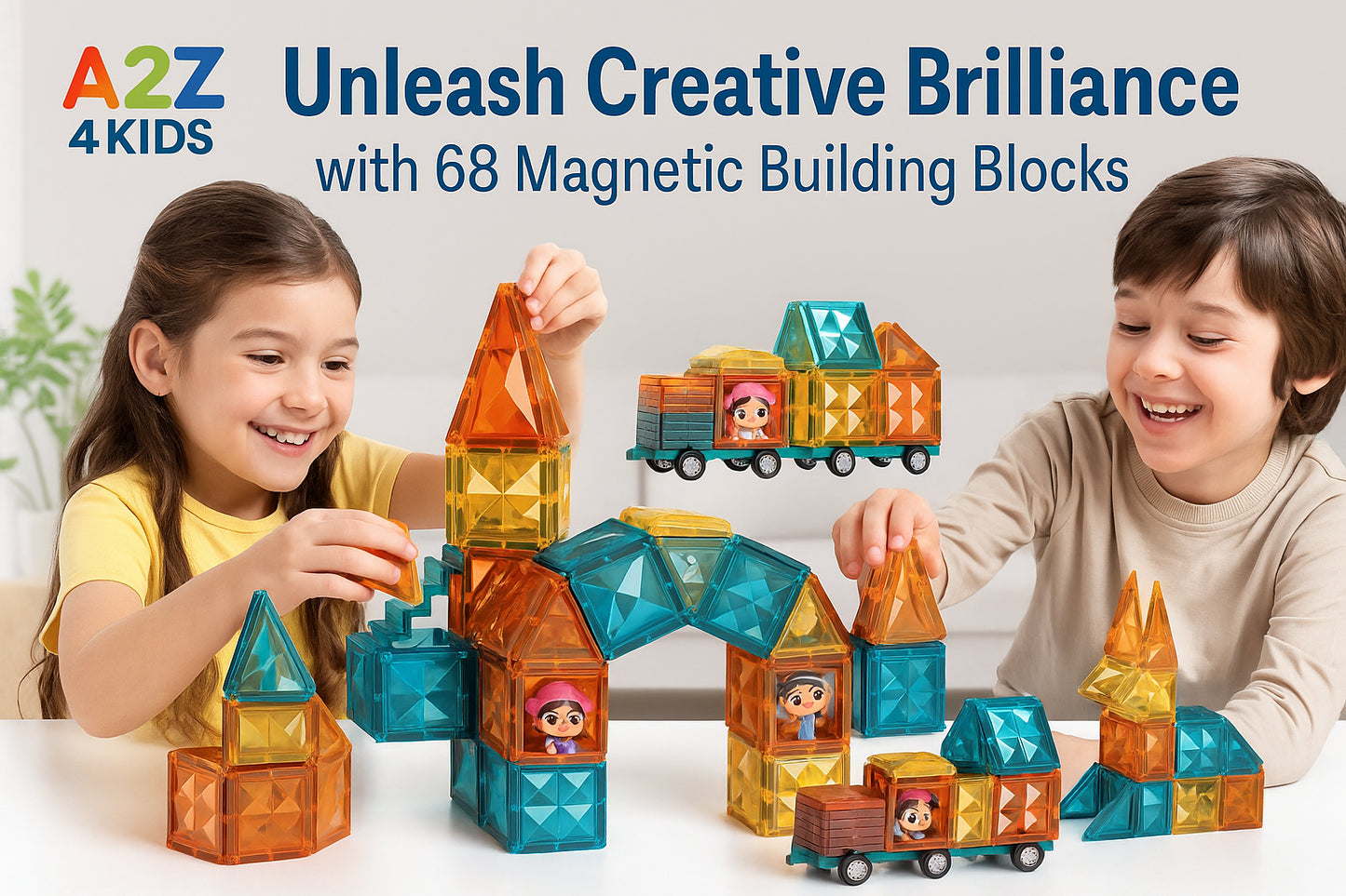 A2Z 4 Kids 68PCS Magnetic Building Blocks 3D Construction Set for Kids Ages 3-8+