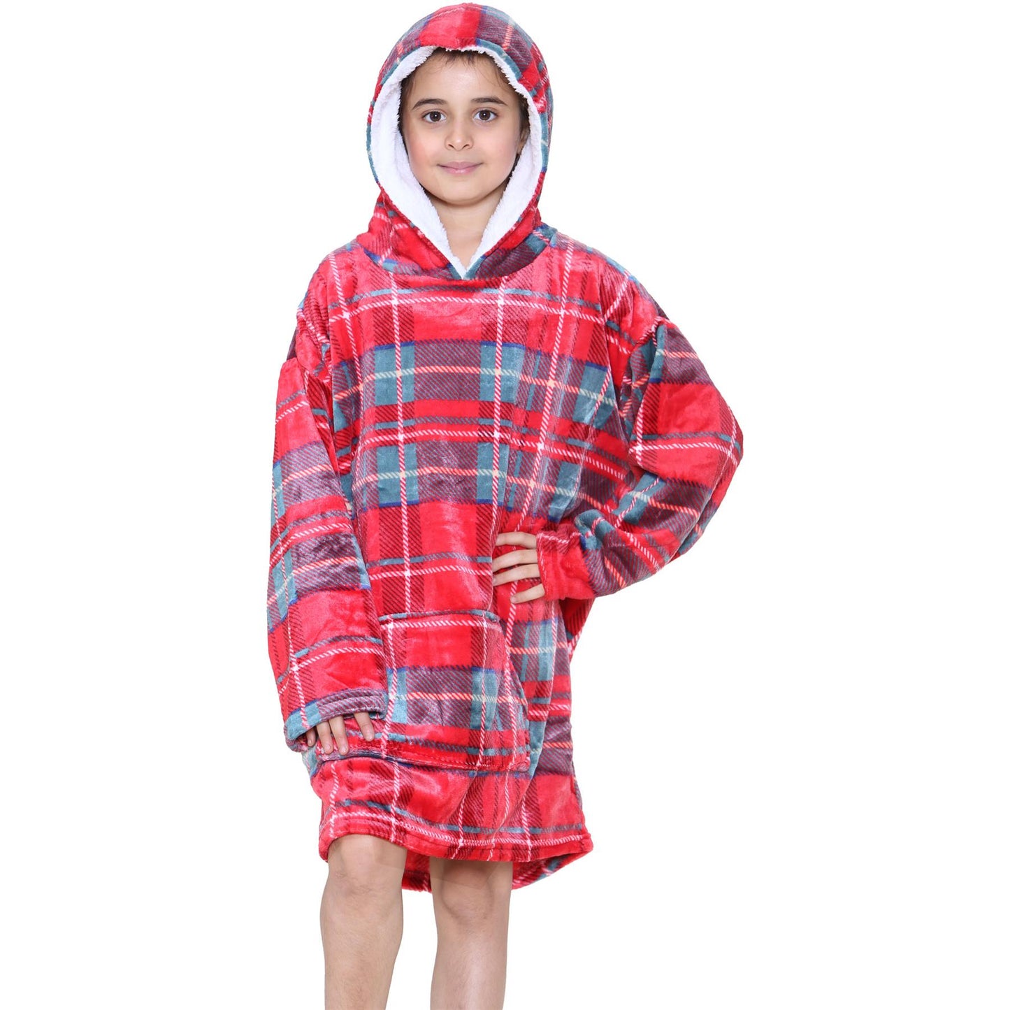 Kids Girls Boys Oversized Hoodie Blue Tartan Printed Snuggle Soft Fleece Blanket