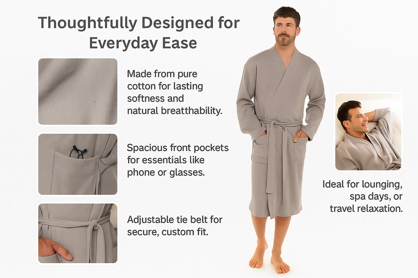 Mens Grey Texture Knitted Cotton Waffle Dressing Gown with Belt & Front Pockets