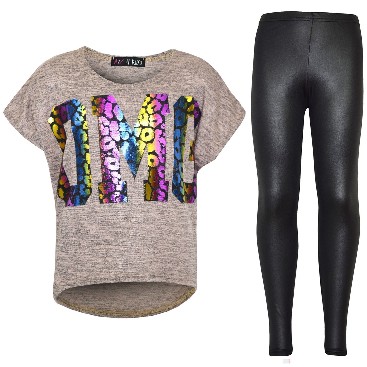 Kids Girls OMG Print T Shirt Top & Wet Look Leopard Legging Outfit Set 7-13 Yrs