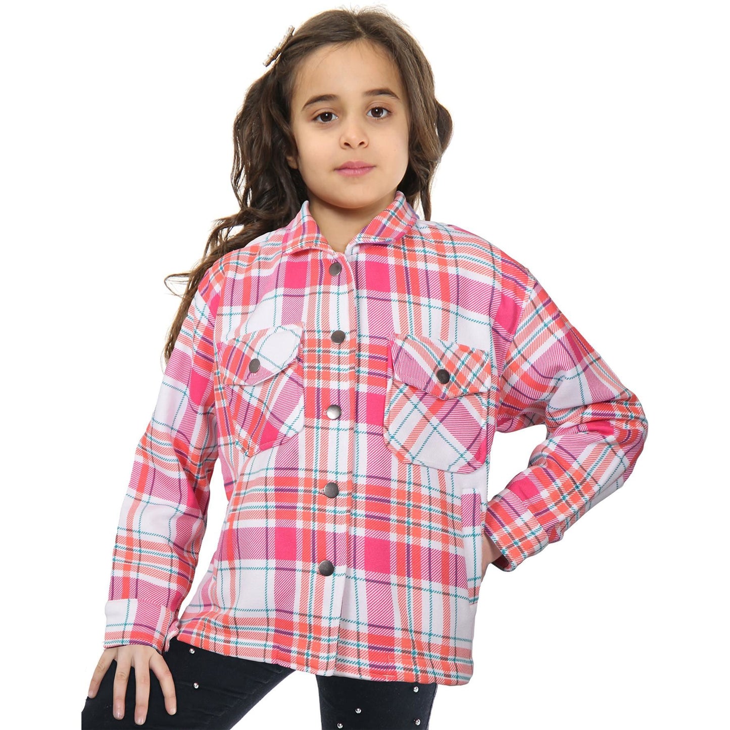 Kids Girls Checks Print Jackets Longline Fleece Collared Fashion Coat 5-13 Years