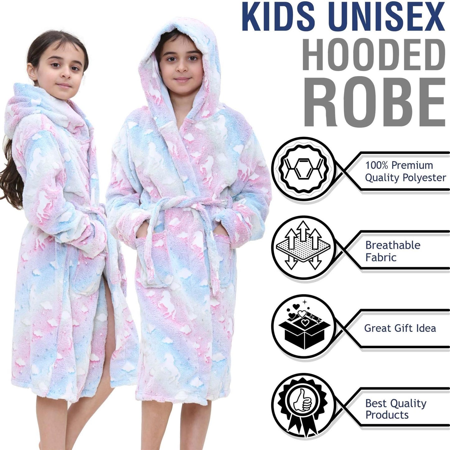 Kids Girls Fleece Glow In The Dark Sherpa Hooded Unicorn Dressing Gown Soft Robe