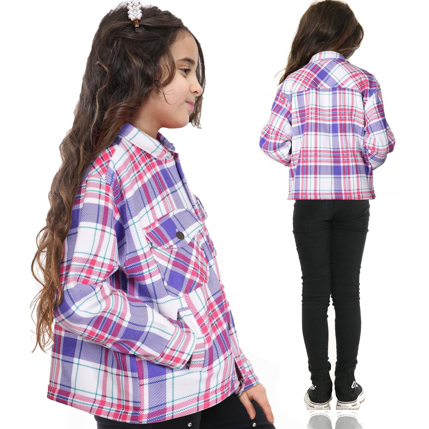 Kids Girls Checks Print Jackets Longline Fleece Collared Fashion Coat 5-13 Years