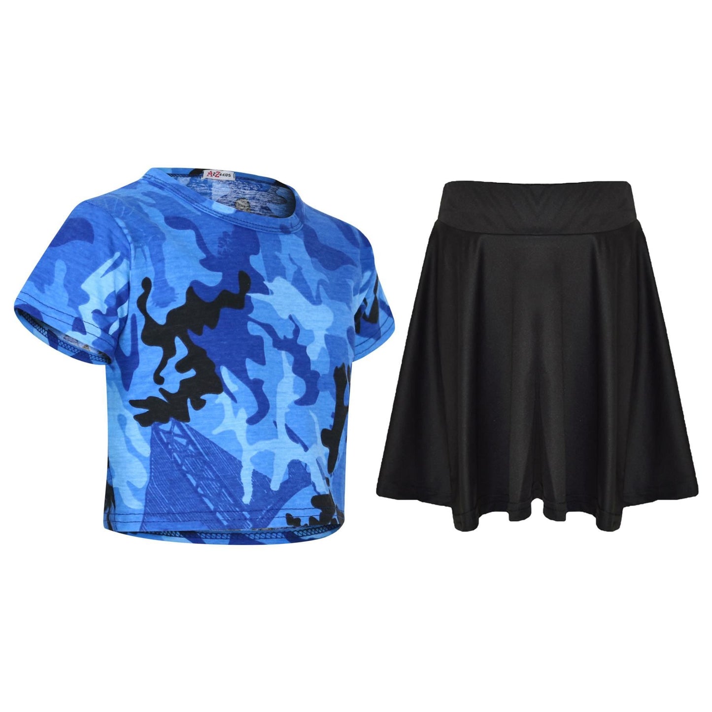 A2Z 4 Kids Camouflage Crop Top & Skater Skirt Set Short Sleeves T Shirt Summer Outfit 2 Piece Activewear For Girls Age 5-13 years