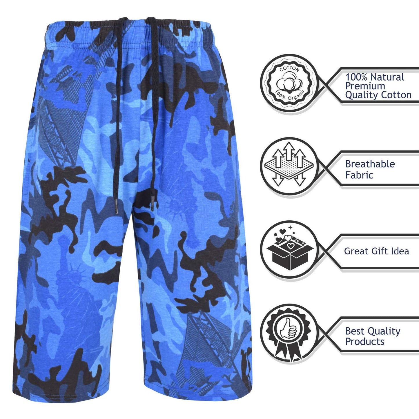 A2Z 4 Kids Boys 100% Cotton Shorts Comfort Stretch Camo Blue Pants Trendy Casual Summer Cool Lightweight Shorts For Boys Age 5 6 7 8 9 10 11 12 13 Years