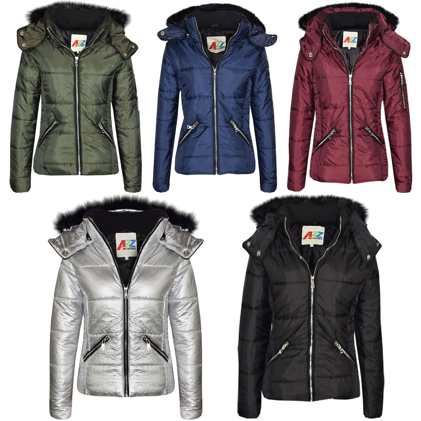Girls Puffer Jacket Quilted Winter Coat Faux Fur Hood Warm Padded Zipped Coat
