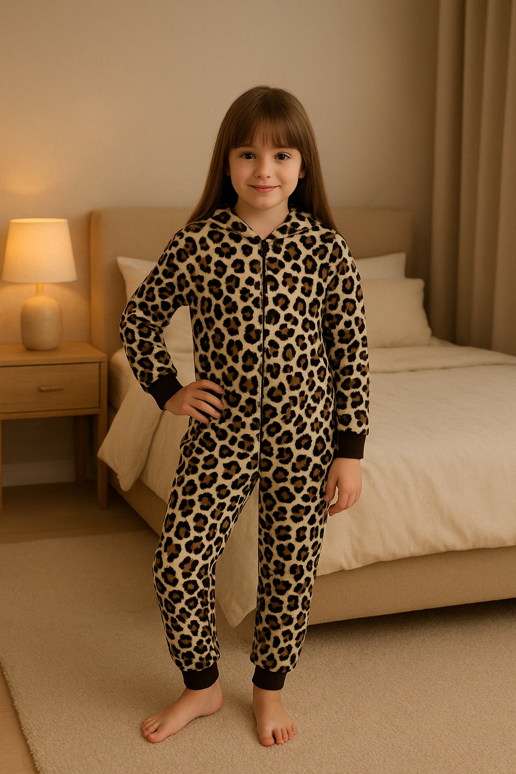 Kids Girls Boys Onesie Soft Fluffy Leopard Print All In One Xmas Costume 7-13 Yr