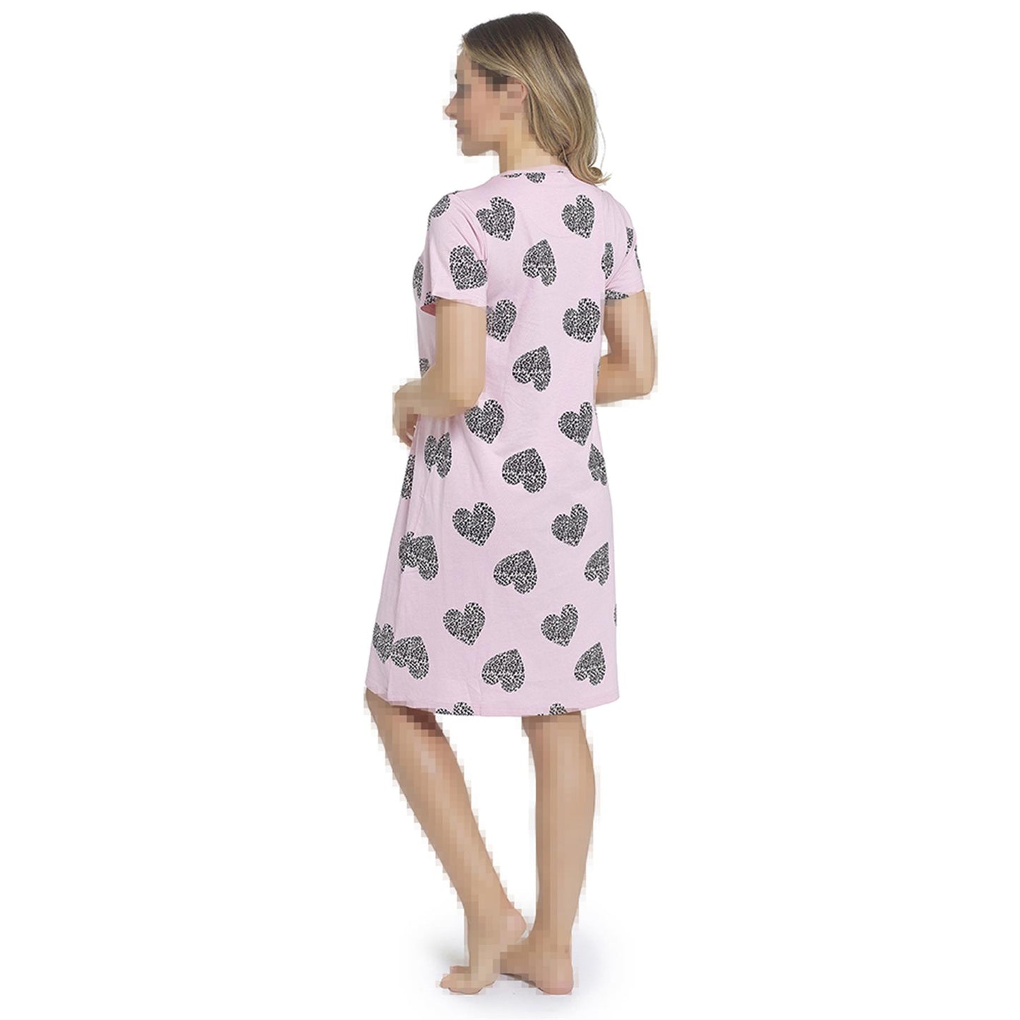 A2Z Ladies Cotton Nightie Pink Short Sleeve Dress with Leopard Heart Print