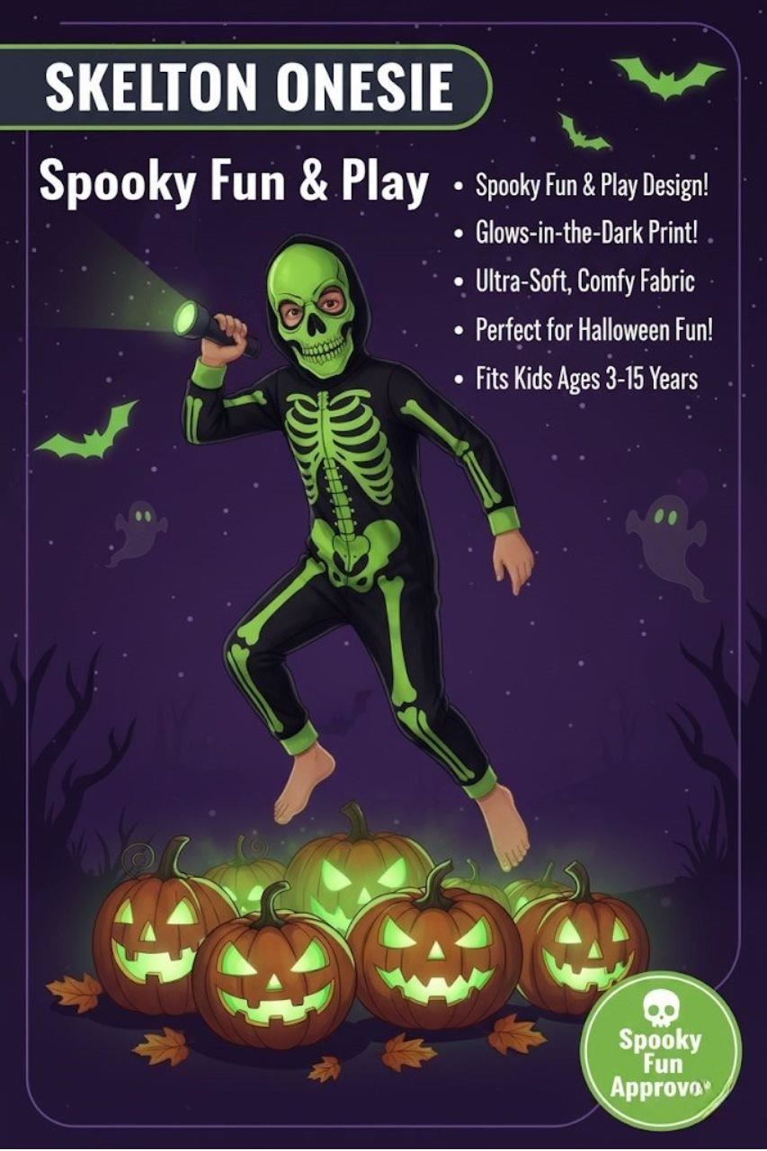 Kids Girls Boys Skeleton Print Pyjama Onesie Neon Green All In One Halloween Costume