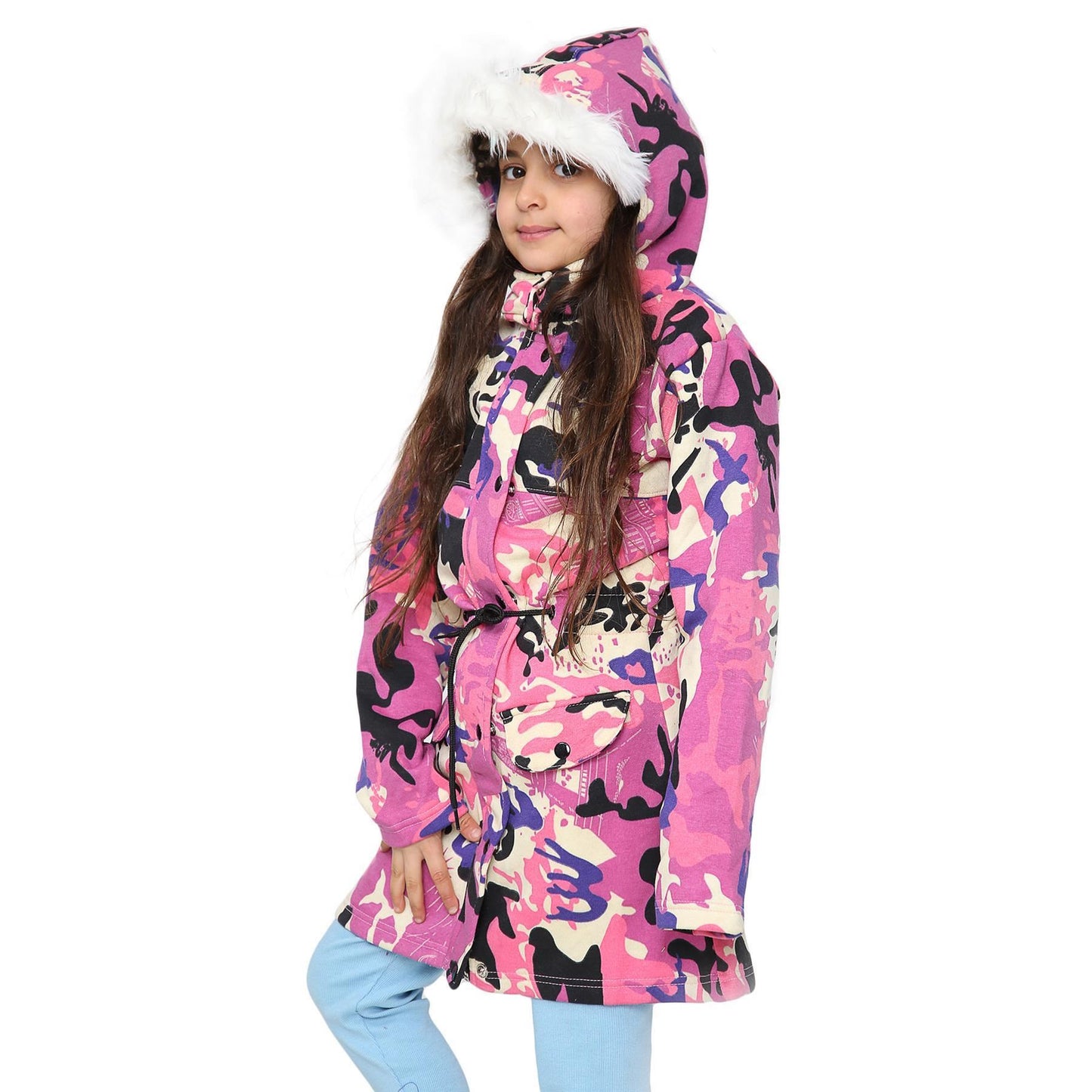Kids Girls Hooded Camo Parka Jacket Faux Fur Coat New Fashion Age 5-13 Years