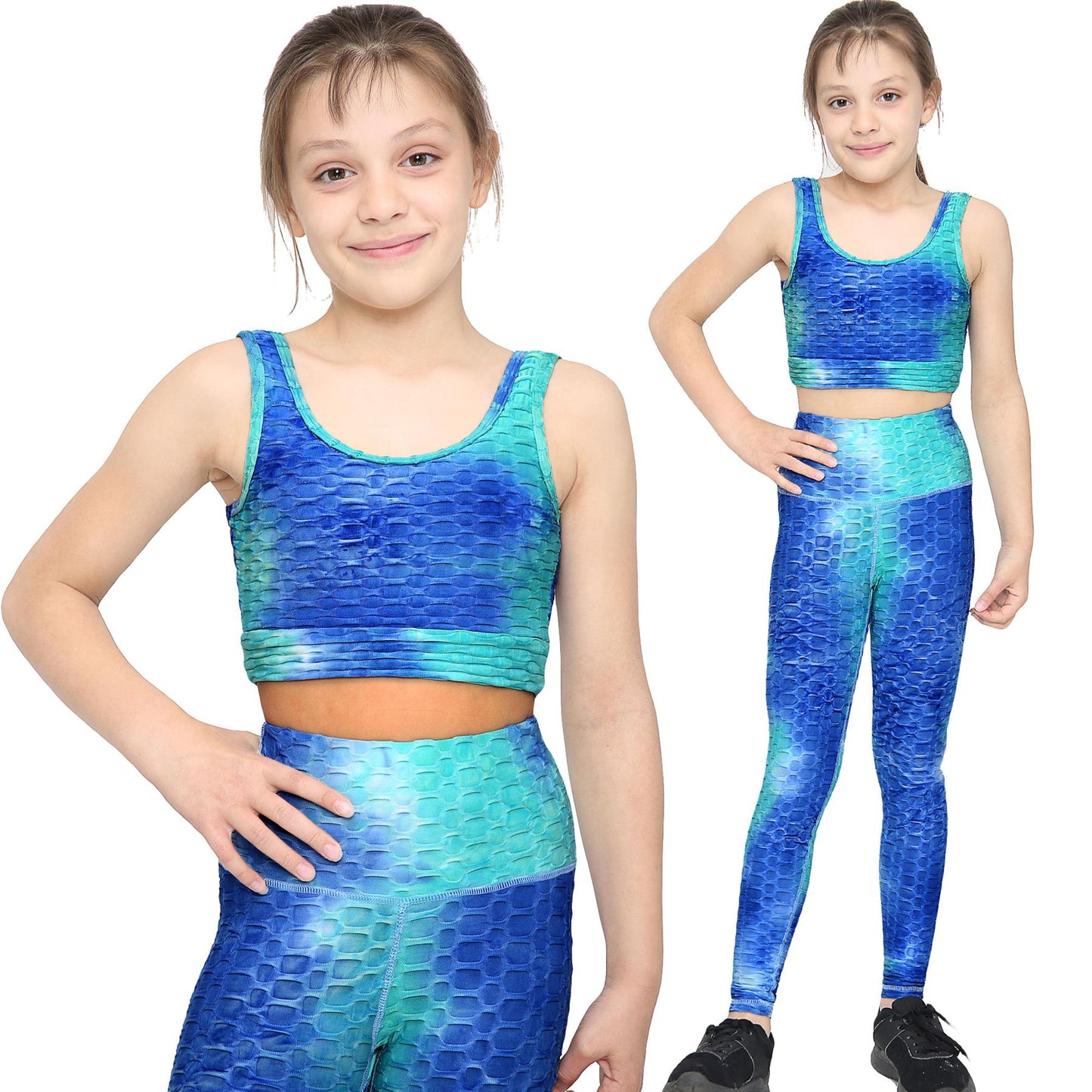 Girls Honeycomb Leggings Crop Top Vest Gym Dance Yoga Exercise High Waist Set