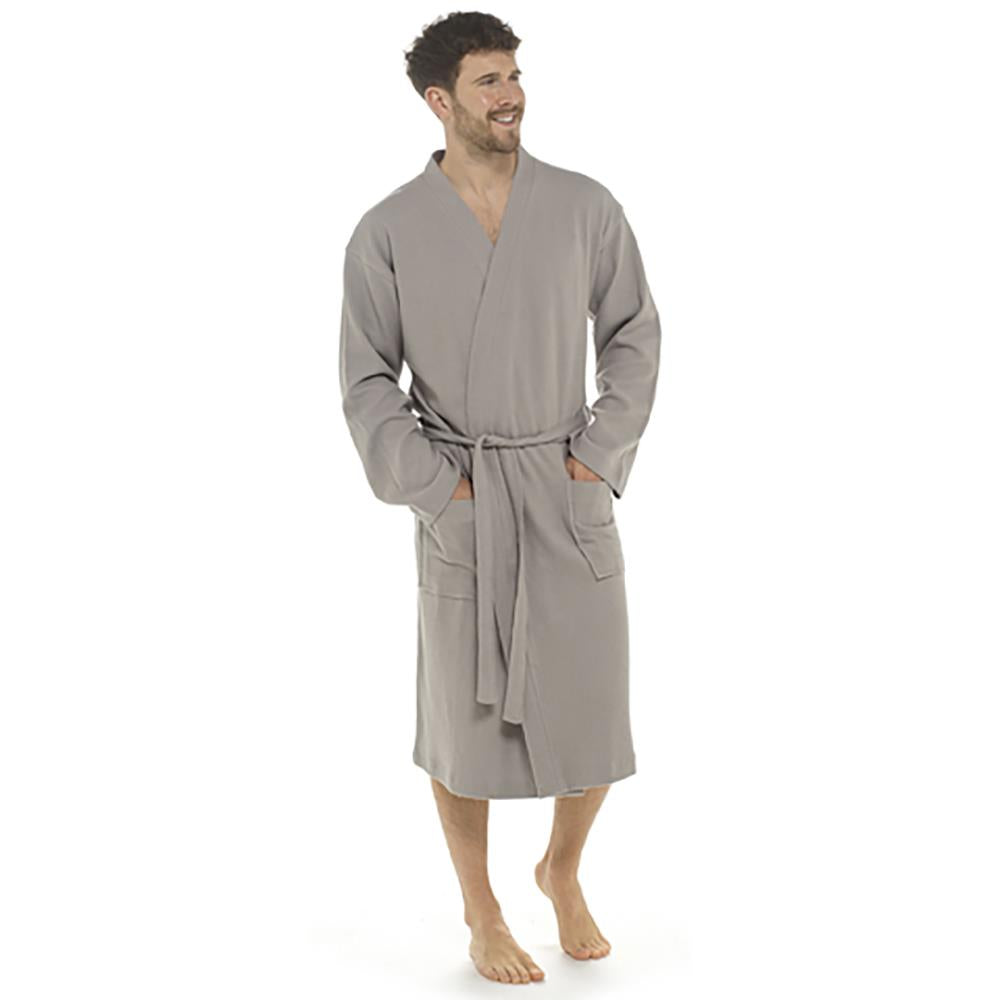 Mens Grey Texture Knitted Cotton Waffle Dressing Gown with Belt & Front Pockets