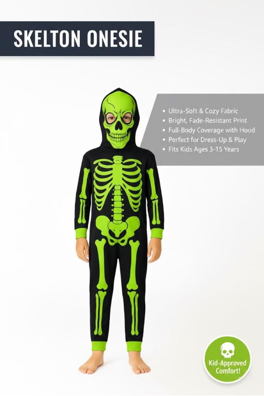 Kids Girls Boys Skeleton Print Pyjama Onesie Neon Green All In One Halloween Costume