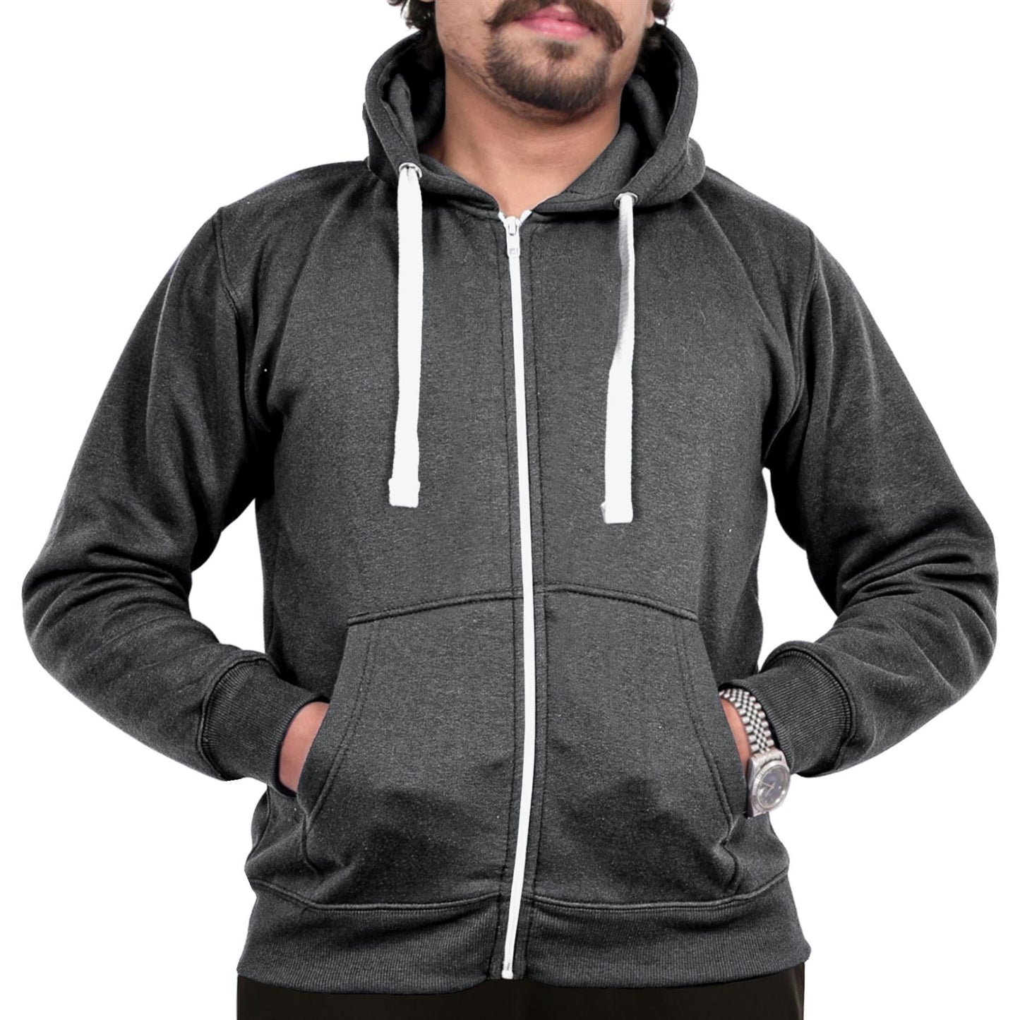 Mens Fleece Plain Zipper Hooded Long Sleeve Sweatshirt For Adults S-4XL