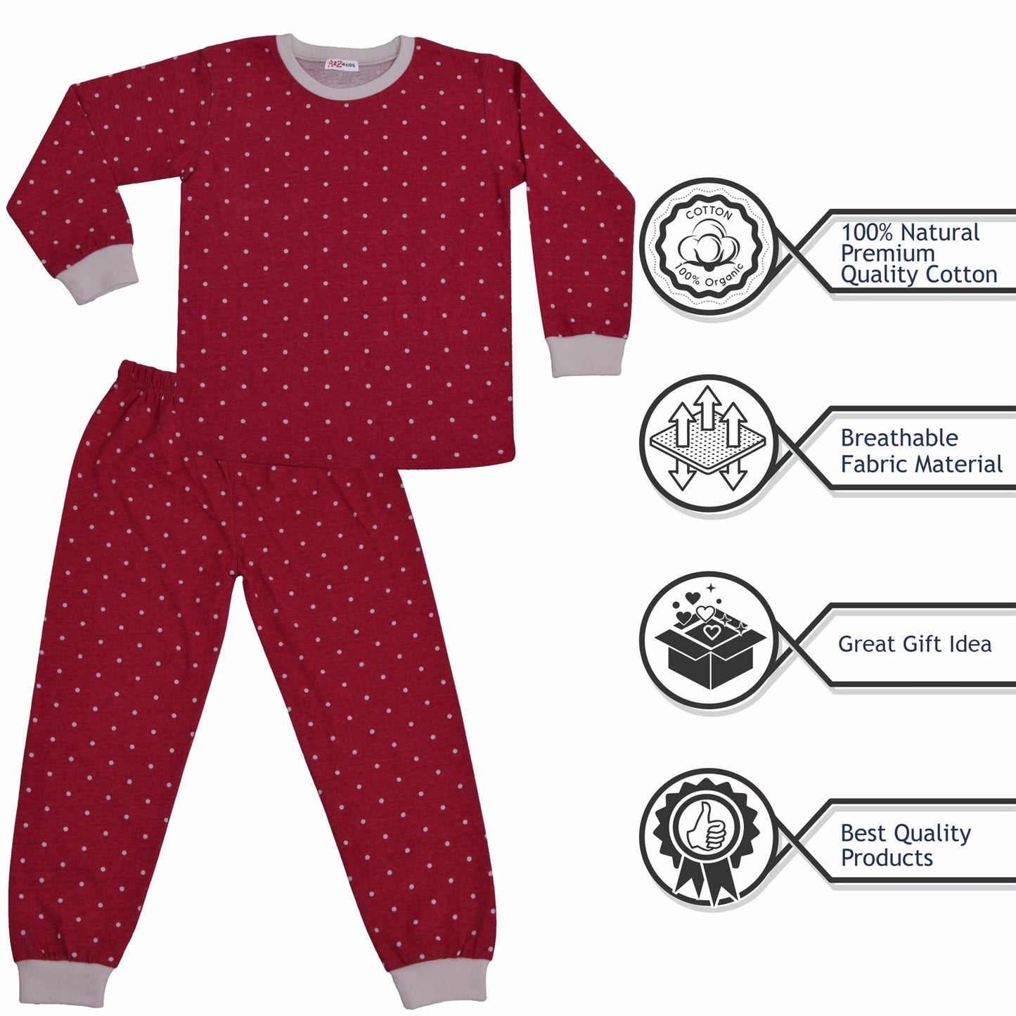 A2Z 4 Kids Girls Boys Polka Dot Children PJs 2 Piece Cotton Set Lounge Suit Nightwear Sleepwear Unisex Top Bottom Pyjamas Loungewear Dress Up Outfit Set Gifts for Children Girls & Boys Age 5-13 years