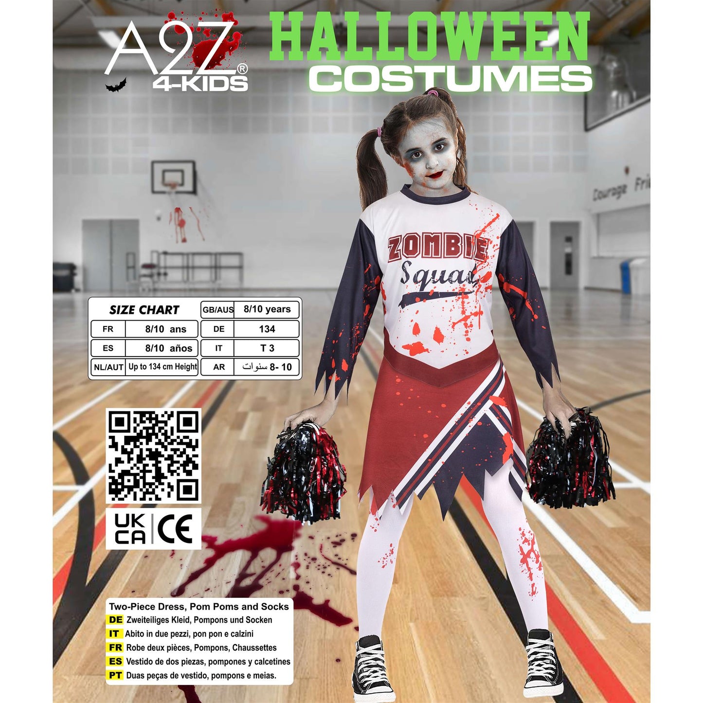 A2Z 4 Kids Girls Zombie Cheerleader Halloween Attire Top Shredded Sleeves Long Bloody Socks Cheerleading Pom Poms Outfit Halloween Parties and Trick or Treating