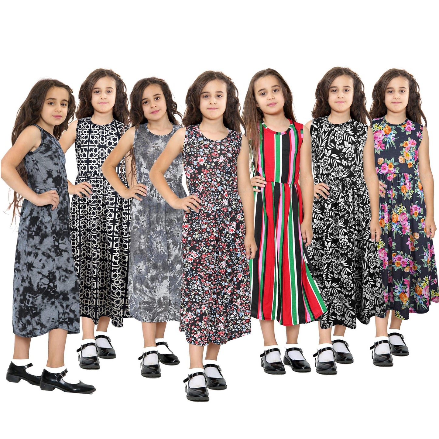 Kids Girls Maxi Dress Sleeveless Printed Party Fashion Summer Long Skater Dress