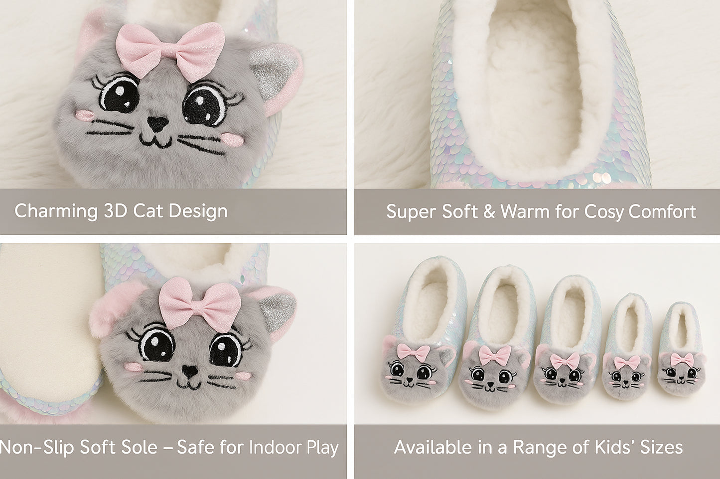 Kids Girls Grey Sequin Cat with 3D Ears Bow Soft Plush Indoor House Slippers