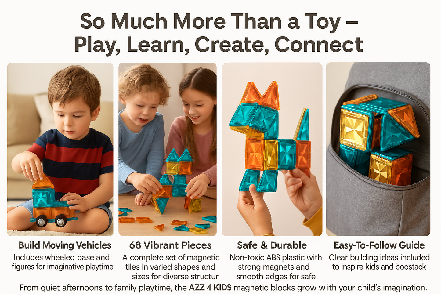 A2Z 4 Kids 68PCS Magnetic Building Blocks 3D Construction Set for Kids Ages 3-8+