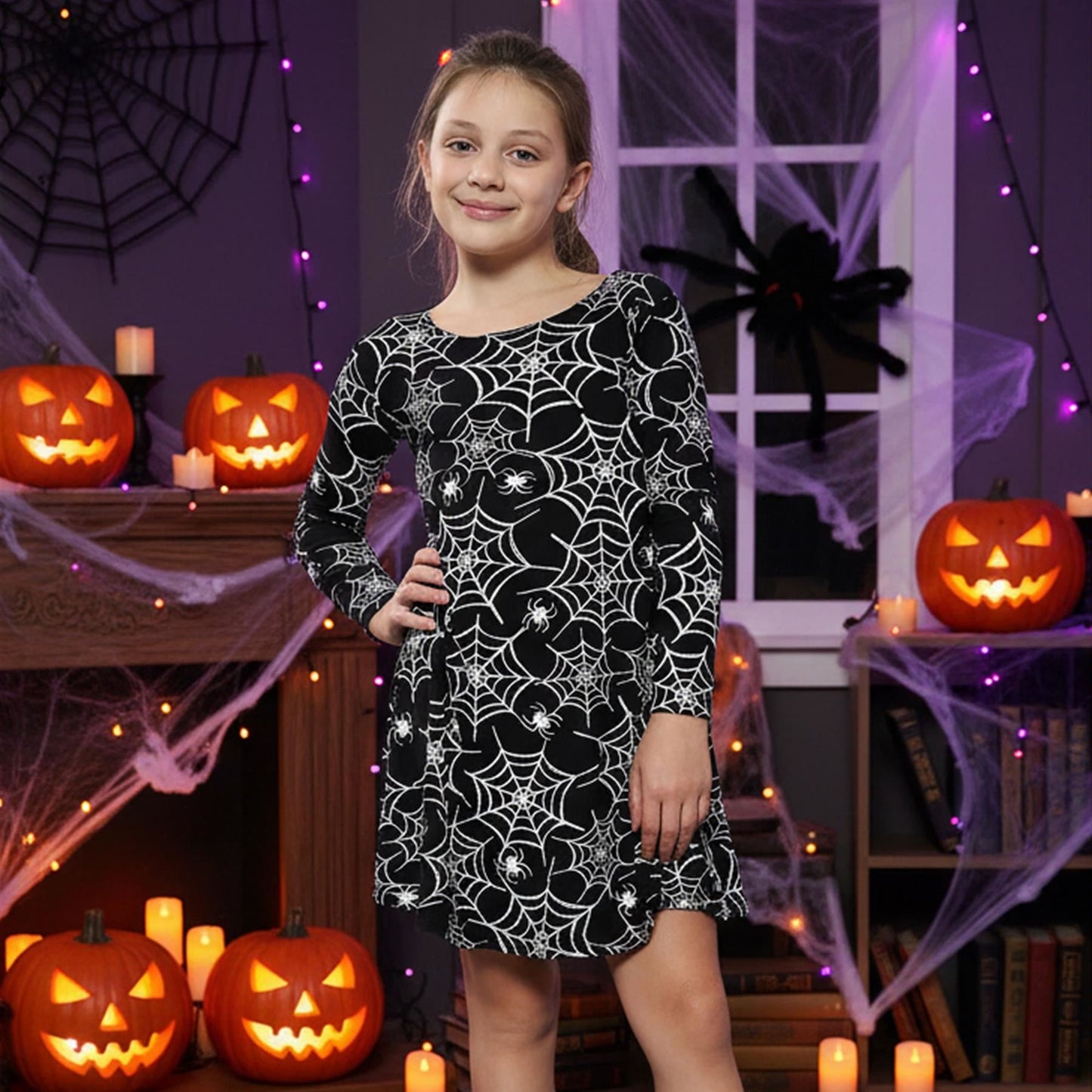 Girls Halloween Dresses Spider Web Print Swing Dress Fancy Costume Age 3-13 Year