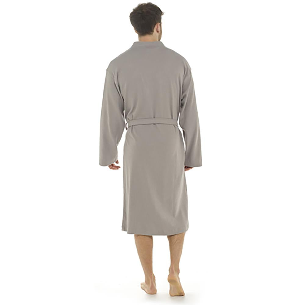 Mens Grey Texture Knitted Cotton Waffle Dressing Gown with Belt & Front Pockets
