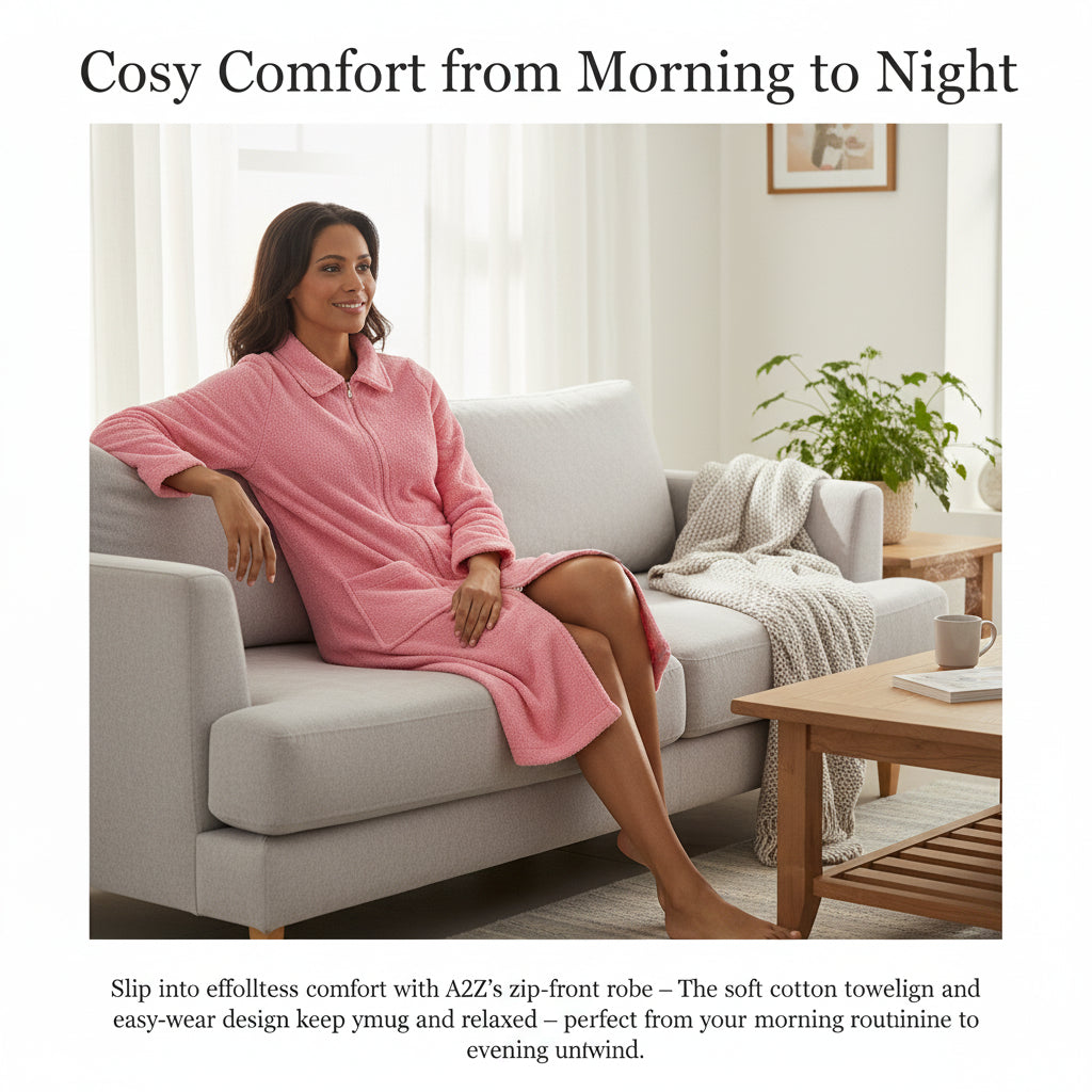 Ladies Towelling Bathrobe Front Zip Dressing Gown Long Sleeves & Deep Pockets
