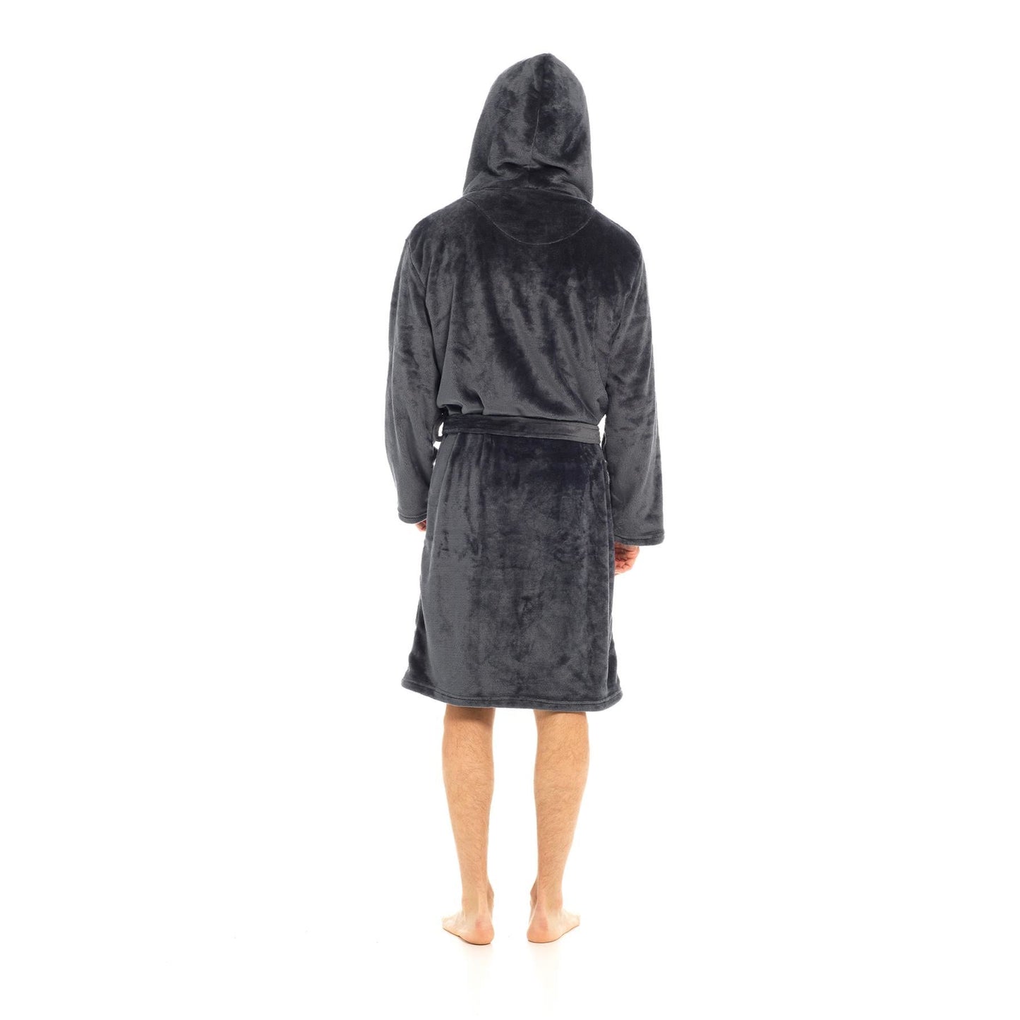 Mens Flannel Fleece Hooded Dressing Gown Sherpa Lined Robe with Belt & Pockets