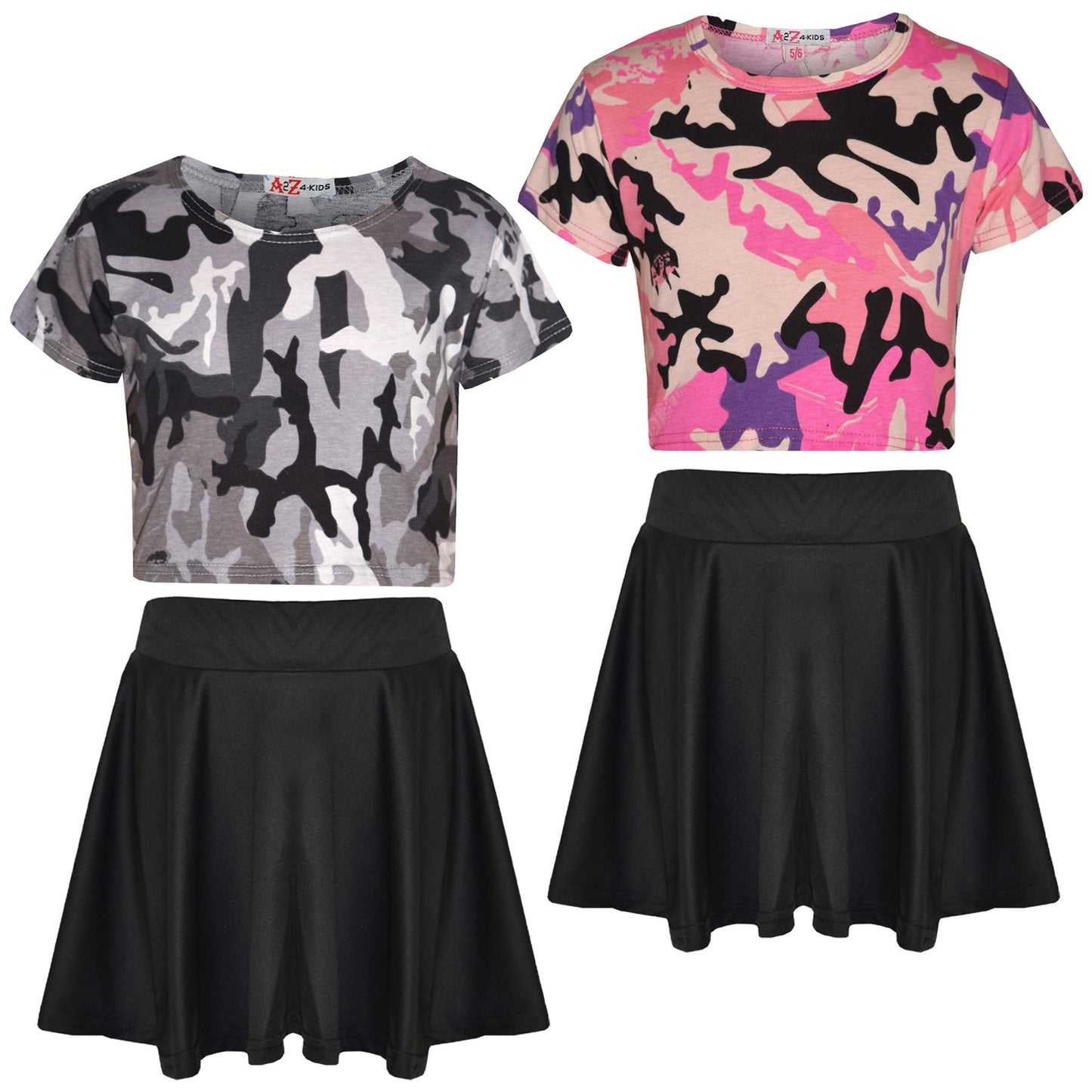 A2Z 4 Kids Camouflage Crop Top & Skater Skirt Set Short Sleeves T Shirt Summer Outfit 2 Piece Activewear For Girls Age 5-13 years
